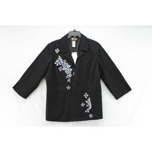 NWT Bob Mackie Wearable Art Women's Jacket Black Large Linen Blend Embroidered